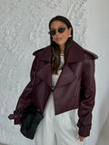 IFOMT Fashion Burgundy Pu Leather Lapel Jacket For Women Fashion With Pocket Loose Short Coats Autumn New High Street Female Outwear