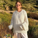 IFOMT White Loose Lazy Sweater Women's Thin Long-Sleeved Pullover Knitted Top Hollow Out Fashion Autumn Female Casual Knitwear