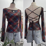 IFOMT Women Retro Printed Slim See Through Mesh Top With Contrasting Straps Backless Long Sleeve Bottoming Cropped Top Y2K Streetwear