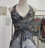 IFOMT Women's Resort Swing Collar Drawstring Strap Halter Vest Tie-Dye Mesh Top Sexy Backless Irregular Vest Party Leisure Essential