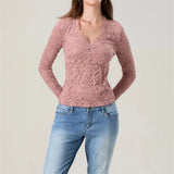 IFOMT Women Y2k Lace Long Sleeve Crop Top Sexy V Neck Floral Sheer Mesh Top Cute See Through Blouse Night Clubwear