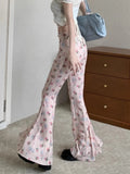 IFOMT Sweet Floral Print Casual Pants for Women Sumemr Slim Fit Ruffles Flare  Y2k E-Girl High Waist Loose Wide Leg