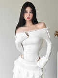 IFOMT Fashion Sexy Off Shoulder Lace White Bodysuit Y2k Hooded Long Sleeved T-shirt for Women 2024 Summer New Slim Fit Tops Mujer