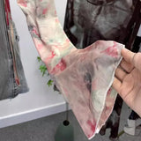 IFOMT Women's Sexy See Through Tie Dye Print Mesh Long Sleeve T-shirt Drawstring Lace Up Short Bell Sleeve Top Casual Streetwear 8929
