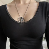 IFOMT Women Y2k Chic Long Sleeve Bow Shirt Top Cute Lace Trim Solid Square Neck Crop Tee Top Slim Fit Pullovers Tops Grunge Streetwear