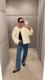 IFOMT Elegant White O-neck Short Jackets For Women Fashion Long Sleeve Single Breasted Woolen Coats 2024 Female High Street Outwear