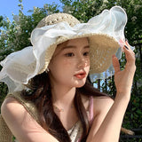 IFOMT Summer Lace Pearl Straw Hat for Women Children Korea Cute Large Brim Sun Hat Sweet Sunscreen Casual Cap Holiday Beach Cap