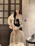 IFOMT Kawaii Cat Waterproof Mink Sweaters Women Autumn New V-neck Lazy Pullovers Y2k E-Girl Long Sleeve Loose Knitted Tops