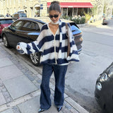IFOMT Fashion Striped Sweater Cardigan With Scarf Female Loose Thin Hollow Knitted Top Lantern Sleeve Contrast Color Retro Top