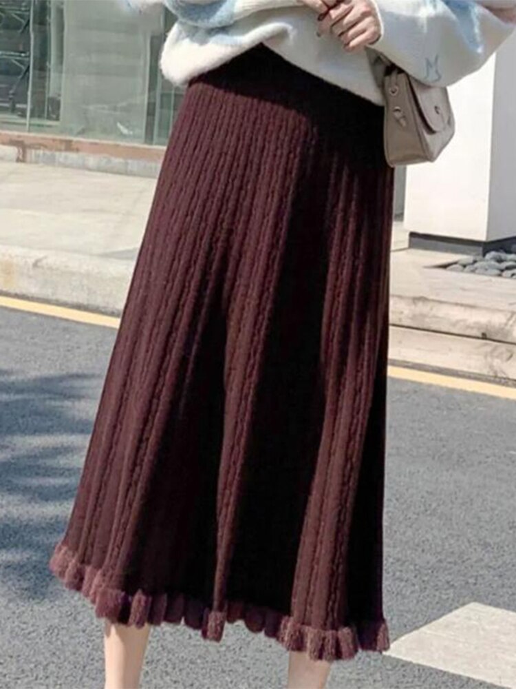 Knitted Long Skirt Women Autumn Winter Casual Warm Pleated Skirts Female Korean Fashion Elegant High Waist A Line Ruffles Skirt
