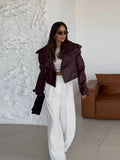 IFOMT Fashion Burgundy Pu Leather Lapel Jacket For Women Fashion With Pocket Loose Short Coats Autumn New High Street Female Outwear