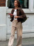 IFOMT Fashion Brown Tassel Leather Short Jacket Elegant Slim Long Sleeved With Pocket Outerwear 2024 New Female High Street Coat