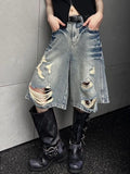 IFOMT American Street Washed Blue Denim Shorts Y2k E-Girl High Waist Loose Wide Leg Jeans 2024 New Hole Straight Knee-Length Pants