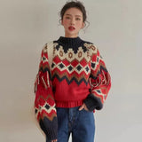 IFOMT Fashion Vintage O-neck Red Knitted Pullover Y2k Grunge Long Sleeve Tassels Tops Women 2024 Autumn New Sweaters Mujer