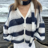 IFOMT Fashion Striped Sweater Cardigan With Scarf Female Loose Thin Hollow Knitted Top Lantern Sleeve Contrast Color Retro Top