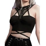 IFOMT Gothic Bandage Cut Out Tank Tops Goth Mall Grunge Fishnet Patchwork Buckle Sexy Crop Tops Sleeveless Bodycon Black Clothes