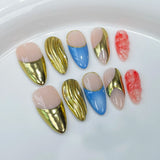 IFOMT 10pcs almond fake nails with 3D gold ripple design colorful Press on nails medium full over Decorated false nails Art summer