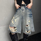 IFOMT American Street Washed Blue Denim Shorts Y2k E-Girl High Waist Loose Wide Leg Jeans 2024 New Hole Straight Knee-Length Pants