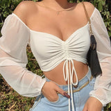 IFOMT Horetong Women's Sexy V-neck Off-Shoulder Blouses Summer Drawstring Bandage Long Sleeve Tops Ladies Korean Fashion Short Clothes