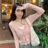 IFOMT Lace Patchwork Fake Two-piece Knitted Tops Mujer 2024 Autumn New Cardigan T-shirts Y2k Slim Fit Long Sleeve Tee Shirt Sweaters