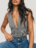 IFOMT Women Red Gingham Tank Tops Sleeveless V Neck Shirred Peplum Crop Tops Y2k Vintage Plaid Bow Tie Cropped Cami Tops