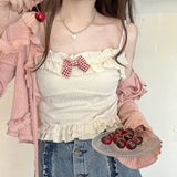 IFOMT Kawaii Candy Color Crop Top Women Japanese Lolita Sweet Tank  Boe Ruffle Short Tee Shirt All Match Cute s 2024