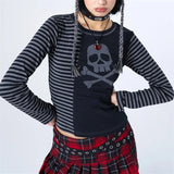 IFOMT Y2K Long Sleeve Shirt Gothic Skull Graphic Print Crop Top Harajuku Striped Patchwork T-Shirt Top Fairy Grunge Clothes