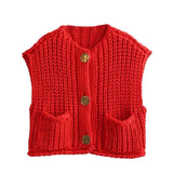 IFOMT Fashion Sleeveless Knitted Cardigan Vests For Women Autumn New Short Sweater Button With Pockets Solid Color Knitted Top