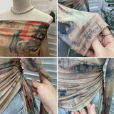 IFOMT See Through Retro Graffiti Print One Shoulder Mesh Long Sleeve Layered Shirt  For Women Drawstring Slim Fit Tshirt Y2K Top 8959