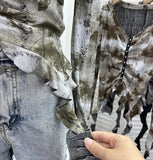 IFOMT Wasteland Style Distressed Tie Dye Top Women's V-neck Irregular Ribbon Long Sleeve Short T-shirt Daily Holiday Club Streetwear