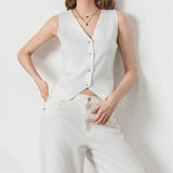 IFOMT Women Vintage Solid Knit Vests V Neck Single Breasted Sleeveless Tank Top 2024 Summer Female Fashion Office Lady Vests