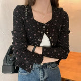 IFOMT Korean Simple Floral O-neck Women Cardigan 2024 New Long Sleeve Black Tops Mujer Y2k E-Girl Slim Fit Single Breasted Coats