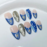 IFOMT 10pcs almond fake nails with 3D gold ripple design colorful Press on nails medium full over Decorated false nails Art summer