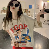 IFOMT Oversized Cartoon Printed T-shirt Women 2024 Spring Summer Mid-length Tee Shirt Y2k Harajuku Half Sleeve Loose Female Tops