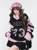 IFOMT Sweet Cool Letter Peinr V-neck Black Pink Tops Women Y2k E-Girl Hollow Out Long Sleeve Pullovers Mid-length Loose Sweaters Mujer