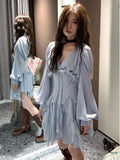 IFOMT Sweet Blue Mesh Slim Waist Cummerbund+ Y2k Grunge V-neck Long Sleeve A-line Dress for Women 2024 Spring New Two Piece Sets