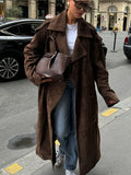 Retro Brown Suede Leather Overcoats Women Fashion Single-breasted With Belt Long Coats 2024 Winter Street Commute Outerwear ﻿
