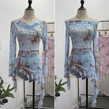 IFOMT Women Retro Ink Print Tie Dye See Through Mesh Long Sleeve Top Sexy One Shoulder Irregular Ruffled Top Y2k PartyClub StreetWear