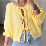 IFOMT Lace Up Knitted Cardigan Top For Women Sexy Cut Out Petal Sleeves Loose Sweater Outwear Female Solid Color Autumn Fashion