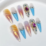 IFOMT 10pc Detachable Stiletto Almond False Nails Long French Tips Nails Press On 3D Love Pearls Design Artifical Full Cover Nail Tips