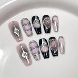 IFOMT 10pcs Black Press on Nails Medium Coffin Sliver Swirl Y2k Fake Nails with Glue Acrylic False Nails Press Ons Full Cover Nail Tip