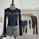 IFOMT Women Street Raw Edge Denim Spliced Solid Mesh Long SLeeve T-Shirt Chic Sexy See Throgh Top Irregular Y2K Top Casual Holiday2633