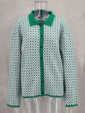 IFOMT Retro Lattice Color Block POLO Collar Knit Cardigan For Women Button Casual Loose Sweater Outwear 2024 New