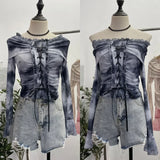 IFOMT Women's Retro Tie Dye Lace Up Waist-baring Short Top Sexy One Shoulder Mesh Trumpet Long Sleeve Top y2k PartyClub StreetWear