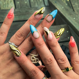 IFOMT 10pcs almond fake nails with 3D gold ripple design colorful Press on nails medium full over Decorated false nails Art summer