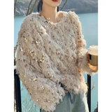 IFOMT Korean Chic Sequin Tassel Sweaters Mujer 2024 Autumn New O-neck Plush Knitted Pullover Y2k E-Girl Long Sleeve Tops Women