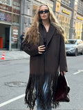 IFOMT Women Fashion Brown Tassels Patchwork Woolen Overcoat Elegant Turn-down Collar With Pocket Long Coats Autumn New High Streetwear