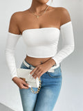 IFOMT Off Shoulder Crop T-Shirt, Casual Long Sleeve Top For Spring & Fall, Women's Clothing