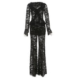 IFOMT Women's Lace Long Pant Sets Sexy See Through Slim Cardigan Top High Waist Trousers Female Fashion Matching Sets Autumn