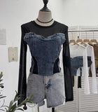 IFOMT Women Street Raw Edge Denim Spliced Solid Mesh Long SLeeve T-Shirt Chic Sexy See Throgh Top Irregular Y2K Top Casual Holiday2633